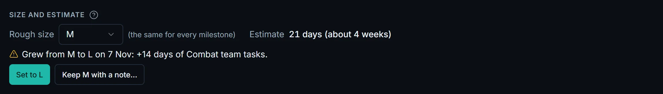The Leviathan boss fight work item: grew from M to L on 7 Nov, with 14 more days of Combat team tasks, and the choice to set it to L or keep M with a note.