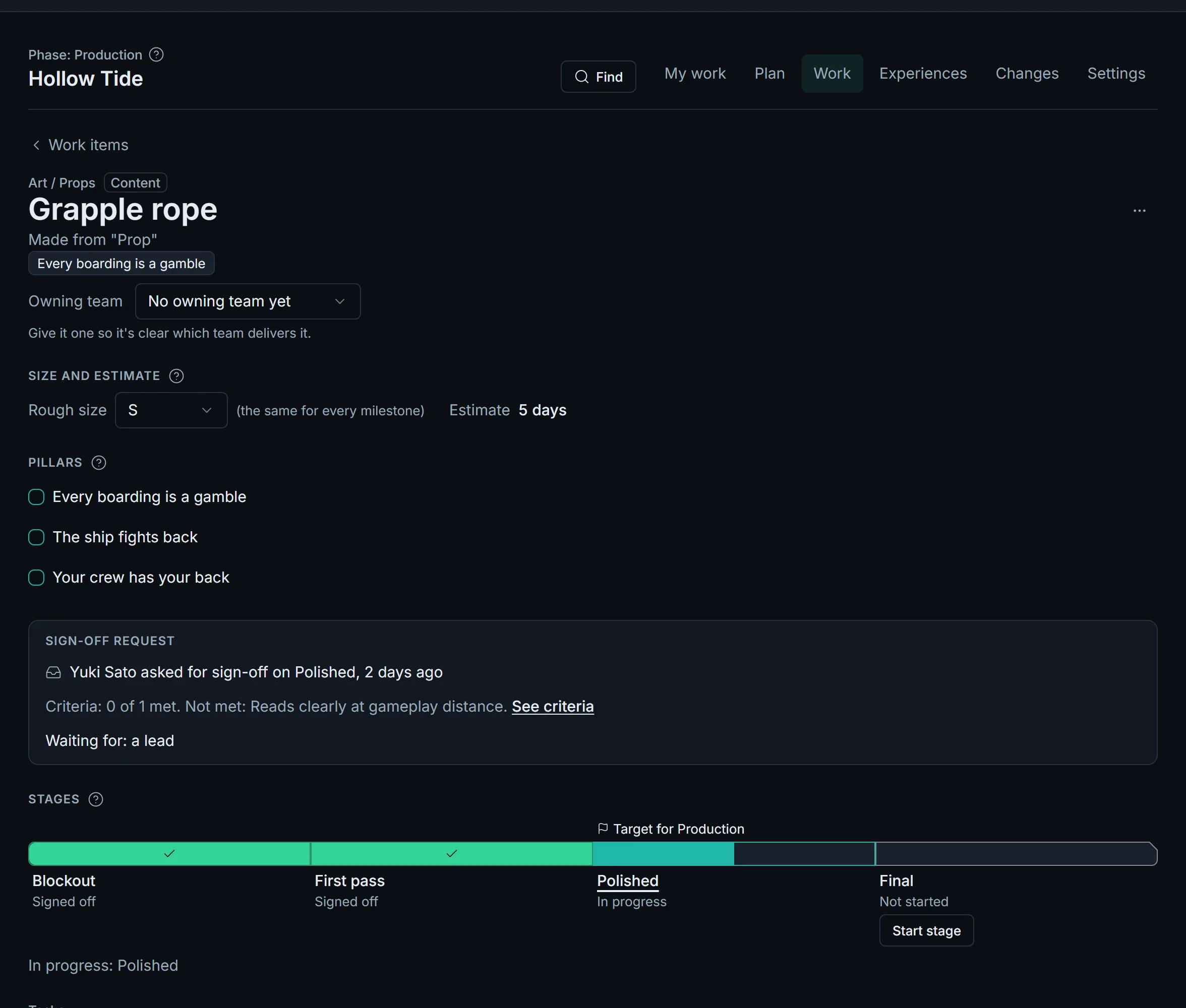 The Grapple rope work item at First pass, with its sign-off for Polished requested.