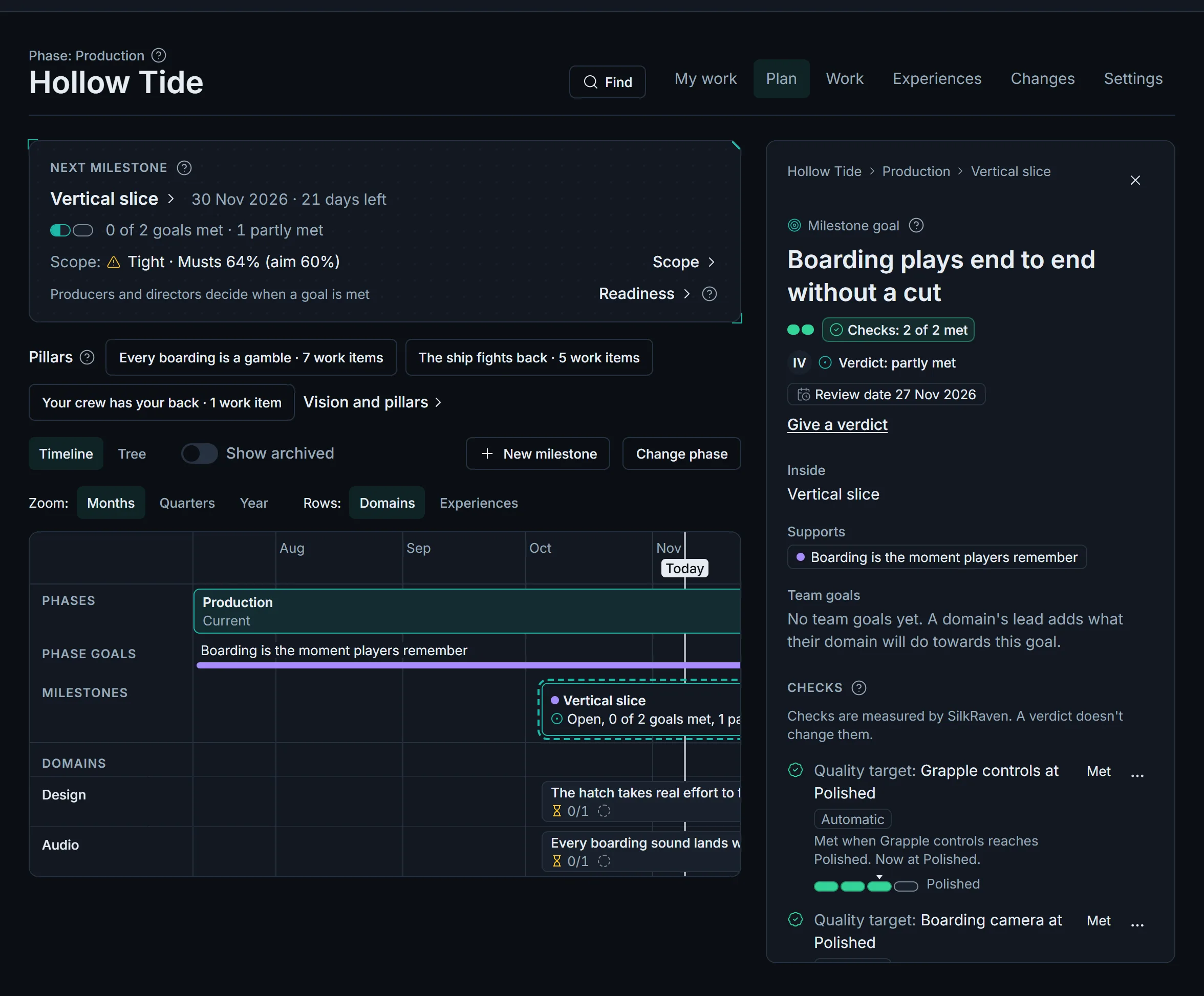 The goal Boarding plays end to end without a cut: both checks met, verdict partly met, with the producer's reason.