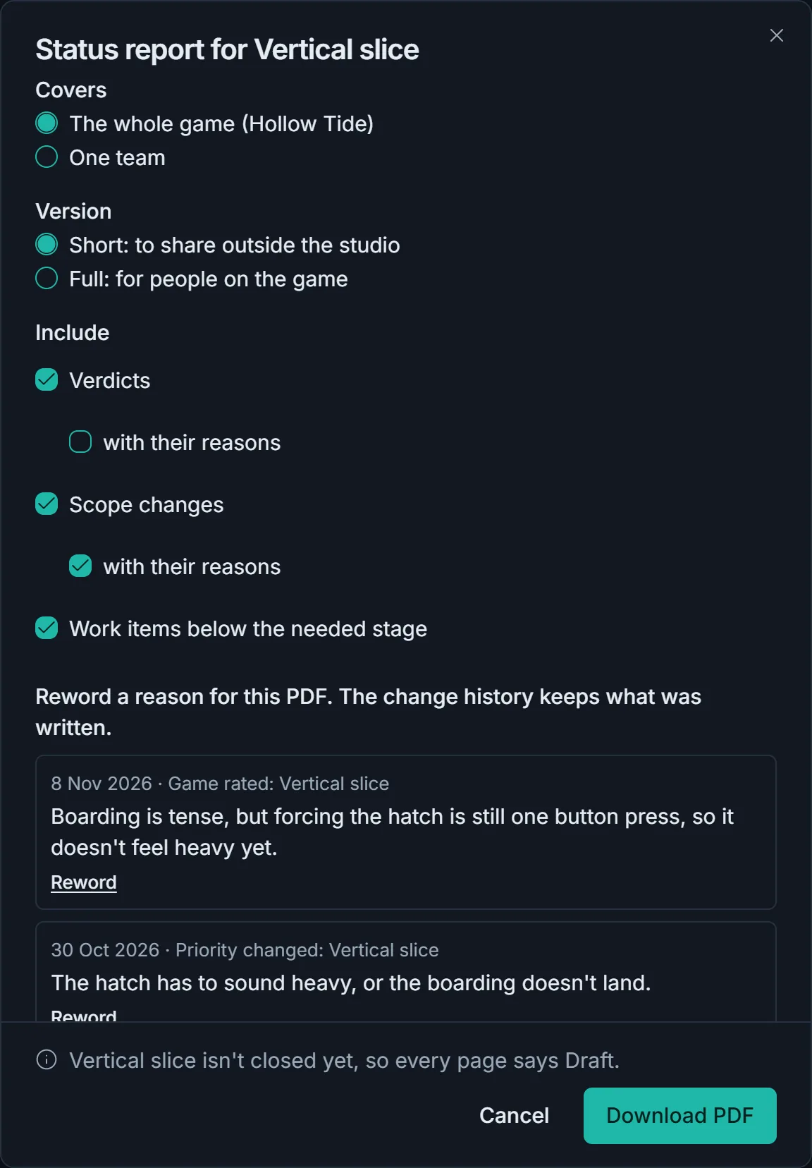 The status report dialog for the Vertical slice, ready to download as a PDF.